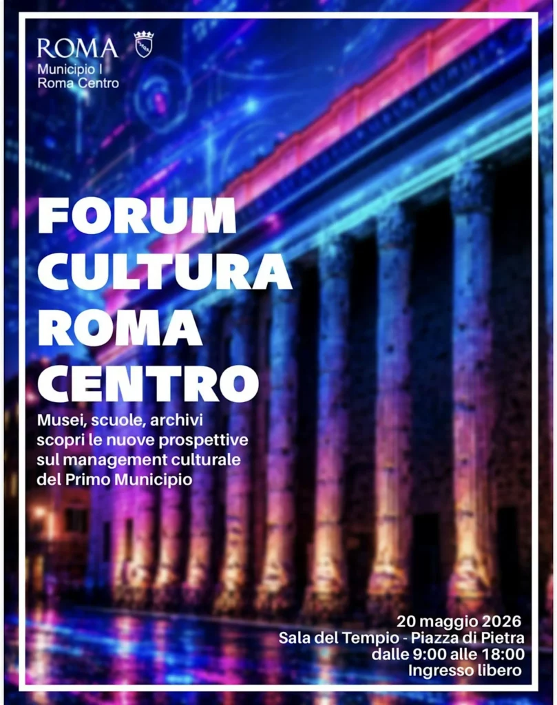 Audience attending Forum Cultura Roma at the Sala del Tempio di Vibia Sabina e Adriano in Rome during discussions on cultural governance, museums, and cultural philanthropy.